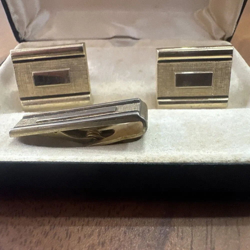 Vintage Foster Rectangular Gold Filled  Cufflinks and Tie Pin in Original Box